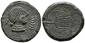 ULIA (Montemayor, C\u00f3rdoba). As. (Ae. 22.63g \/ 31mm). 50 BC Anv: Female head to the right, front spike, back Iberian letter Ta. Rev: Vine branche...