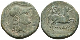 UNTICESCEN (Sant Mart\u00ed d'Emp\u00faries, Gerona). As. (Ae. 20.75g \/ 31mm). 130-90 BC Anv: Head of Palas to the right. Rev: Pegaso-Crisaor on the ...