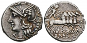 M. BAEBIUS QF TAMPILUS. Denarius. 137 BC Rome. A \/ Helmeted head of Rome to the left, below and next to the chin sign of value X, behind TAMPIL. R \/...