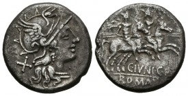 GENS JUNE. Denarius. (Ar. 3.88g \/ 18mm). 149 BC Rome. (Crawford 210\/1; FFC 776). VF.