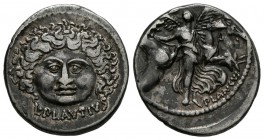 GENS PLAUTIA. Denarius. (Ar. 3.57g \/ 18mm). 47 BC Rome. Anv: Head of Medusa from the front, below legend: L. PLANTIVS. Rev: Aurora flying and directi...