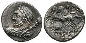 GENS QUINCTIA. Denarius. (Ae. 3.51g \/ 19mm). 112-111 BC Central Italy. Anv: Bust of Hercules on the left carrying a mace. Rev: Rider driving biga, be...