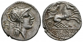 GENS JUNE. Denarius. 91 BC Rome. A \/ Bust of Rome with helmet on the right, behind H. R \/ Victoria in biga on the right, above control mark, in exer...