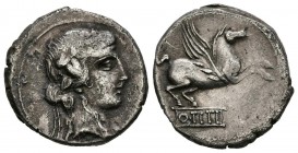 GENS TITIA. Denarius. (Ar. 3.84g \/ 18mm). 90 BC Central Italy. Anv: Head of young Bacchus on the right. Rev: Pegasus on the right, below: Q. TITI. in...