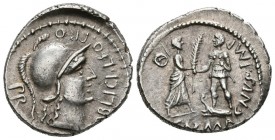 POMPEY, The Great. Denarius. (Ar. 4.01g \/ 20mm). 46-45 BC Hispania. Anv: M POBLICI LEG PRO PR. Helmeted head to the right of Palas, border formed by ...