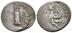 SIXTH POMPEY. Denarius. (Ar. 3.87g \/ 20mm). 42-40 BC Sicily. Anv: MAG PIVS IMP ITER. Lighthouse of Messina crowned by the statue of Neptune, in front...