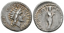 MARCO ANTONIO. Denarius. (Ar. 3.59g \/ 20mm). 38 BC Flying mint. Anv: III VIR RPC COS DESIG ITER ET TERIT. Radiated bust of the Sun to the right. Rev:...