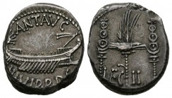 MARCO ANTONIO. Denarius. (Ar. 3.67g \/ 17mm). 32-31 BC Mobile mint. Anv: ANT AVG III VIR RPC. Praetorian galley on the right. Rev: Legionary eagle bet...