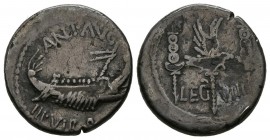 MARCO ANTONIO. Denarius. (Ar. 2.92g \/ 17mm). 32-31 BC Mobile mint. Anv: ANT AVG III VIR RPC. Praetorian galley on the right. Rev: Legionary eagle bet...