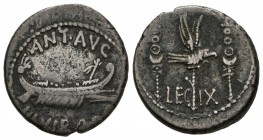 MARCO ANTONIO. Denarius. (Ar. 2.92g \/ 17mm). 32-31 BC Mobile mint. Anv: ANT AVG III VIR RPC. Praetorian galley on the right. Rev: Legionary eagle bet...