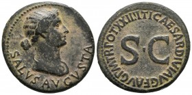 LIVIA. Dupondio. (Ae. 12.97g \/ 29mm). 21-22 AD: Rome. Anv: SALVS AVGVSTA. Draped bust with bow to right of Livia. Rev: UNC, around legend: TI CAESAR ...