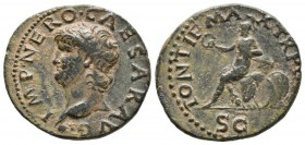 NERO. Semis. (Ae. 4.70g \/ 21mm). 67 AD Lugdunum. Ob: IMP NERO CAESAR AVG. Naked bust to the left of Nero. Rev: PONTIF MAX TR POT IMP P P. Roma seated...