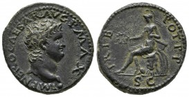 NERO. Semis. (Ae. 5.26g \/ 21mm). 66 AD Rome. Anv: IMP NERO CAESAR AVG P MAX. Nude bust to the right. Rev: TRIB POT P P. Roma seated left wearing crow...