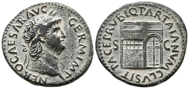 NERO. As. (Ae. 9.43g \/ 28mm). 66 AD Rome. Anv: NERO CAESAR AVG GERM IMP. Laurea...