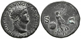 NERO. As. (Ae. 10.25g \/ 28mm). 65 AD Lugdunum. Ob: IMP NERO CAESAR AVG P MAX TR PP P. Laureate bust to the right of Nero. Rev: Victoria advancing to ...