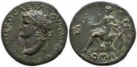 NERO. Sesterce. (Ae. 21.57g \/ 34mm). 67 AD Lugdunum. Anv: IMP NERO CAESAR AVG P MAX TR POT P P. Laureate bust to the right of Nero. Rev: Roma seated ...