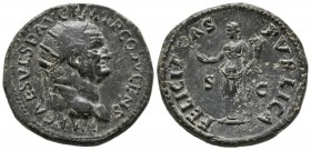 VESPASIAN. Dupondio. (Ae. 11.66g \/ 27mm). 74 AD Rome. Anv: IMP CAES VESP AVG PM TR COS V CENS. Bust radiated to the right of Vespasian. Rev: CONGRATU...