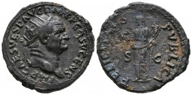 VESPASIAN. Dupondio. (Ae. 12.35g \/ 28mm). 73-74 AD Rome. Anv: IMP CAES VESP AVG PMTP COS V CENS. Bust radiated to the right of Vespasian. Rev: CONGRA...