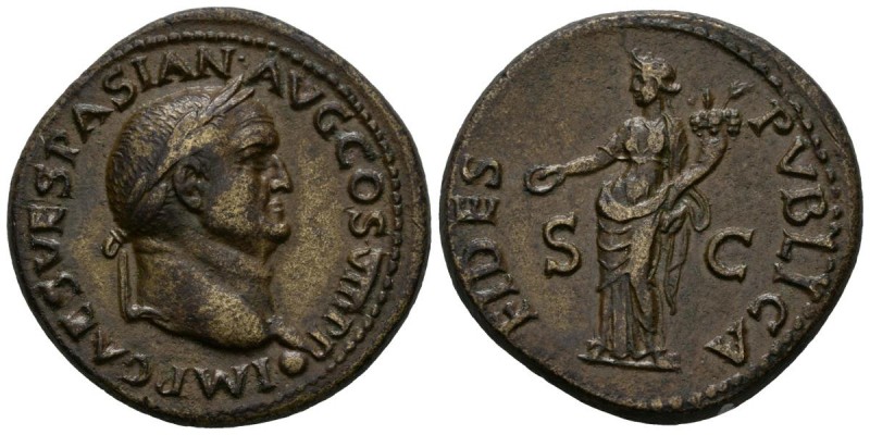 VESPASIAN. As. (Ae. 13.95g \/ 29mm). 71 AD Rome. Ob: IMP CAES VESPASIAN AVG COS ...