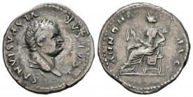 VESPASIAN. Denarius. (Ar. 2.92g \/ 18mm). 77-78 AD Rome. Anv: T CAESAR VESPASIANVS. Vespasian laureate bust to the right. Rev: ANNONA AVG. Annona seat...