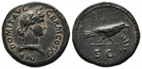 DOMITIAN. Quadrant. (Ae. 5.25g \/ 21mm). 90-91 AD Rome. Anv: IMP DOMIT AVG GERM COS XV. Laureate bust of Apollo on the right. Rev: Eagle on branch to ...