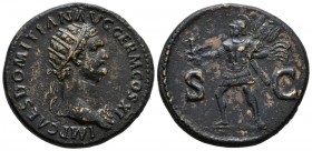 DOMITIAN. Dupondio. (Ae. 11.30g \/ 29mm). AD 85 Rome. Anv: IMP CAES DOMITIAN AVG GERM COS XI. Radiated bust of Domitian on the right. Rev: Mars walkin...