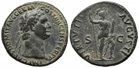 DOMITIAN. As. (Ae. 10.61g \/ 29mm). 87 AD Rome. Anv: IMP CAES DOMIT AVG GERM COS XIIII CENS PER P P. Rev: VIRTVTI AVGVSTI. Virtus shelf to right, stan...