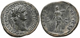 DOMITIAN. As. (Ae. 10.86g \/ 30mm). 87 AD Rome. Anv: IMP CAES DOMIT AVG GERM COS XIII CENS PER P P. Laureate bust of Domitian on the right. Rev: FIDEI...