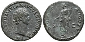 DOMITIAN. As. (Ae. 11.56g \/ 27mm). AD 85 Rome. Anv: IMP DOMITIAN AVG GER M COS XI. Laureate bust of Domitian on the right. Rev: MONETA AVGVSTI. Monet...