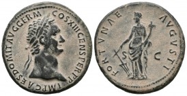 DOMITIAN. As. (Ae. 10.37g \/ 28mm). 87 AD Rome. Anv: IMP CAES DOMIT AVG GERM COS XIII CENS PER P P. Laureate bust of Domitian on the right. Rev: FORTV...