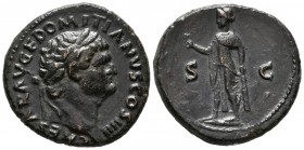 DOMITIAN. As. (Ae. 10.32g \/ 26mm). 76-77 AD Rome. Anv: CAESAR AVG F DOMITIANVS COS IIII. Laureate bust to the right of Domitian. Rev: Spes shelf on l...
