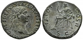 TRAJAN. Dupondio. (Ae. 12.29g \/ 27mm). 98-99 AD Rome. Anv: IMP CAES NERVAE TRAIAN AVG GERM P M. Bust radiated to the right of Trajan. Rev: TR POT COS...
