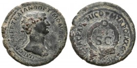 TRAJAN. Dupondio. (Ae. 8.16g \/ 25mm). 116 AD Rome, for use in Syria. Anv: IMP CAES NER TRAIANO OPTIMO AVG GERM. Bust radiated to the right of Trajano...