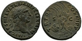 TRAJAN. (Ae. 9.35g \/ 27mm). 99-102 AD Rome. Ob: IMP CAES NERVA TRAIAN AVG GERM P M. Laureate bust to the right of Trajan. Rev: TR POT COS IIII P P. V...