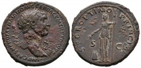 TRAJAN. As. (Ae. 11.07g \/ 28mm). 104-117 AD Rome. Anv: IMP CAES NERVAE TRAIANO AVG GER DAC PM TR P COS VP P. Laureate bust with light draping to the ...