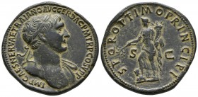 TRAJAN. Sesterce. (Ae. 22.14g \/ 34mm). 103-111 AD Rome. Anv: IMP CAES NERVAE TRAIANO AVG GER DAC PM TR P COS VP P. Laureate bust with light draping o...