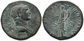 TRAJAN. Sesterce. (Ae. 25.25g \/ 33mm). AD 114 Rome. Anv: IMP CAES NER TRAIANO OPTIMO AVG GER DAC PM TR P COS VI P P. Laureate and draped bust to the ...