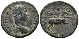 HADRIAN. As. (Ae. 10.51g \/ 27mm). 129-130 AD Rome. Anv: HADRIANVS AVGVSTVS. Naked bust with draping to the right of Adriano. Rev: Rider with spear to...