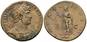 HADRIAN. Sesterce. (Ae. 23.77g \/ 35mm). 119-121 AD Rome. Anv: IMP CAESAR TRAIAN HADRIANVS AVG. Laureate bust, draped and with cuirass to the right of...