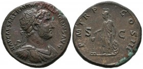 HADRIAN. Sestercio. (Ae. 25.45g \/ 34mm). 119-121 AD Rome. Anv: IMP CAESAR TRAIAN HADRIANVS AVG. Laureate bust, draped and with cuirass to the right o...