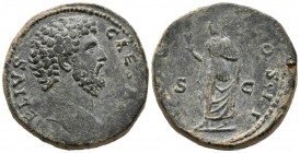 AELIO.Sterthius. (Ae. 25.46g \/ 31mm). 137 AD Rome. Anv: L AELIVS CAESAR. Naked bust to the right of Aelio. Rev: Spes shelf to left carrying flower an...