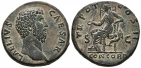 AELIO. Sesterce. (Ae. 21.51g \/ 31mm). 137 AD Rome. Anv: L AELIVS CAESAR. Naked bust to the right of Aelio. Rev: Concordia sitting on the left carryin...