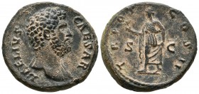 AELIO. As. (Ae. 10.34g \/ 27mm). 137 AD Rome. Anv: L AELIVS CAESAR. Naked bust to the right of Aelio. Rev: TR POT COS II. Spes shelf on left carrying ...