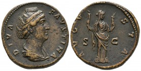 FAUSTINA I. Sestercio. (Ae. 26.41g \/ 31mm). 141 AD Rome. Anv: DIVA FAUSTINA. Diademic bust, draped and with bow to the right of Faustina I. Rev: AVGV...