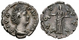 FAUSTINA I. Denario. (Ar. 3.05g \/ 18mm). 141 AD Rome. Obv: DIVA FAVSTINA. Draped bust with hair gathered to the right of Faustina I. Rev: AVGVSTA. Sh...