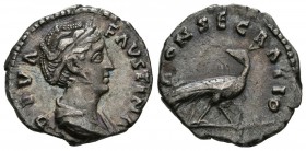 FAUSTINA I. Denario. (Ar. 2.69g \/ 17mm). 141 AD Rome. Obv: DIVA FAVSTINA. Draped bust with hair gathered to the right of Faustina I. Rev: CONSECRATIO...