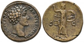 MARCUS AURELIUS. Sesterce. (Ae. 26.24g \/ 30mm). 145 AD Rome. Anv: AVRELIVS CAESAR AVG PII F COS II. Naked bust to the right of Marco Aurelio. Rev: Mi...