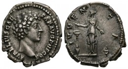 MARCUS AURELIUS. Denarius. (Ar. 3.23g \/ 24mm). 140-144 AD Rome. Anv: AVRELIVS CAESAR AVG P II F COS. Naked bust to the right of Marco Aurelio. Rev: I...