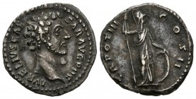 MARCUS AURELIUS. Denarius. (Ar. 3.52g \/ 18mm). 148-149 AD Rome. Ob: AVRELIVS CAESAR AVG P II F. Naked bust to the right of Marcus Aurelius. Rev: TR P...