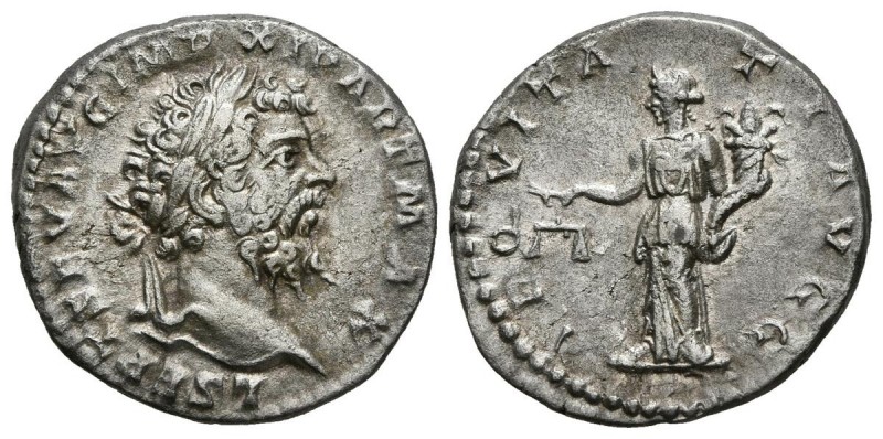 SEPTIMIUS SEVERUS. Denarius. 198-200 AD Rome. A \/ Laureate head to the right. L...